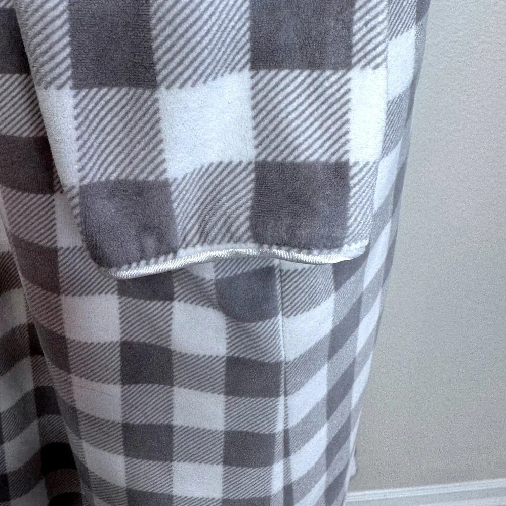 LANZ Of SALZBURG Fleece Long Nightgown MED Gray Plaid Lace Trim Cottage Core